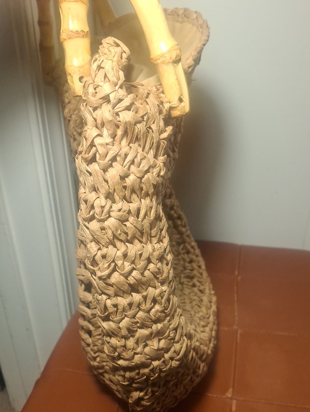 Upcycle Gucci Round Woven Straw Tote with Bamboo Handles and Logo Accent - Picture 8 of 10